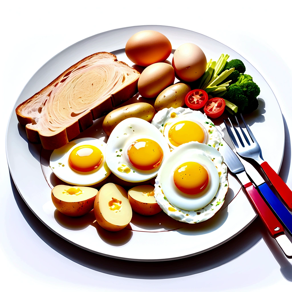 ((best quality)), ((masterpiece)), (detailed), water color style, create a picture of healthy food on a plate. The food consist of, Eggs, bread, potatoes, glass of milk, meat, chicken meat, some vegetables, against brilliant white background, 8k, high resolution, vibrant color, isolated white