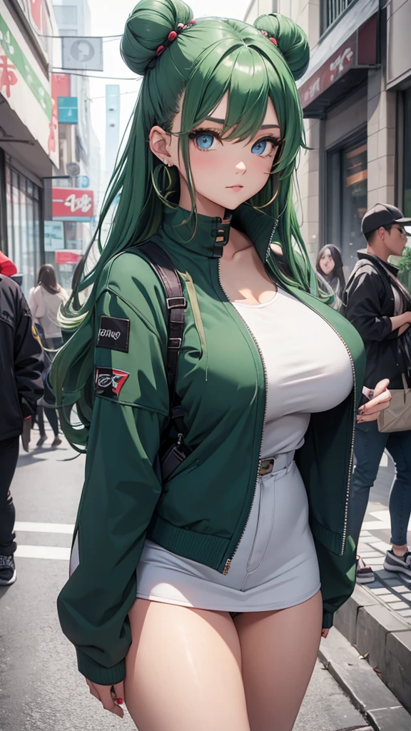 Young female, curvy body, DDD size breasts, dark green hair in two buns, light blue eyes, beautiful, vertical labret piercing, wearing Korean street style clothes. 