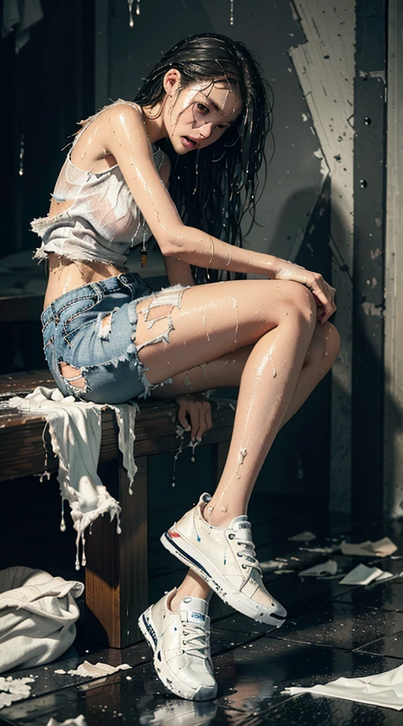 best image quality, masterpiece, super high resolution, (fidelity:1.4), photo, 1 girl, white shirt, torn jeans, white sneakers, dim, darkness, despair, pity, poor, movie, tears, teardrops, (torn clothes:1.5), (wet clothes:1.4), bare shoulders, real rain, wet hair,..