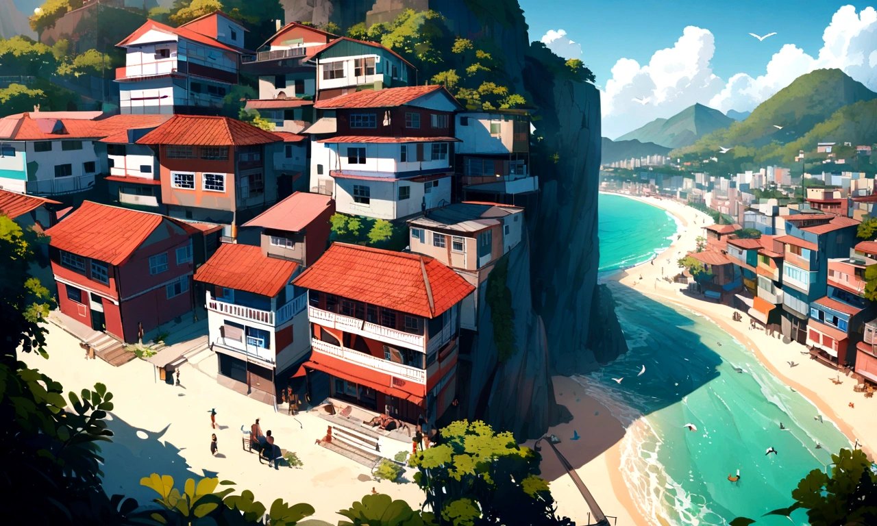 beach, sun, favelas, rio de janeiro, brazil, cable car between the mountains, samba mountains, birds in the sky, house, building, relaxing