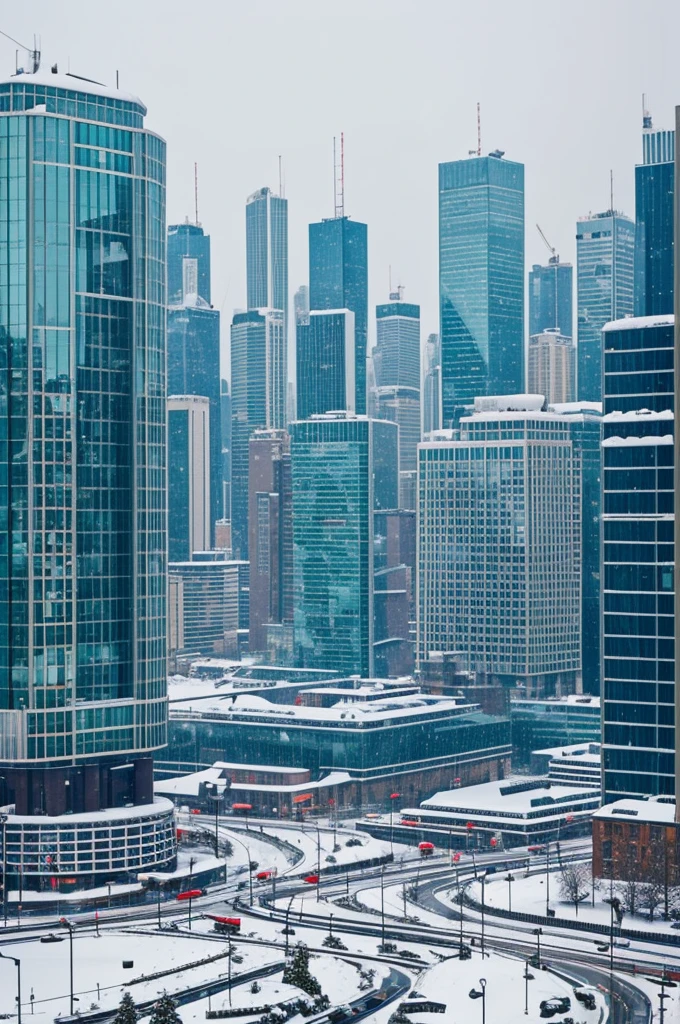 City with technological buildings and snow