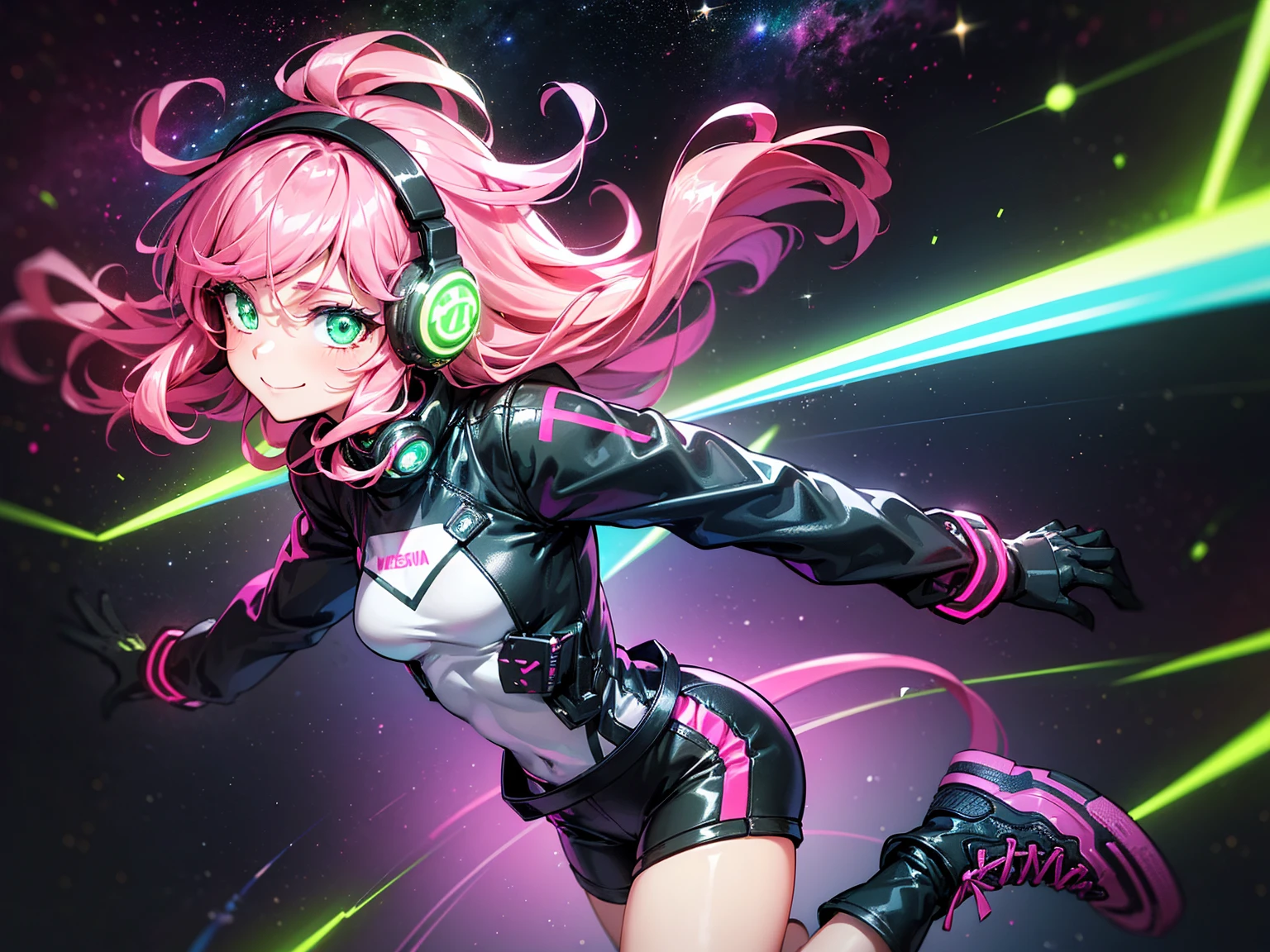 masterpiece:1.4, 1girl ((20year old, dressed in long sleeve shirt, tight black shorts, sneakers, medium breasts, multicolor pink hair, curly long hair, green eyes:1.4, Wearing headphones, happy, smiling, close up, floating in outer space:1.1 galaxy and earth in background:1.1, neon and energetic atmosphere:1.2)) ((nighttime)) ((solo:1.6))