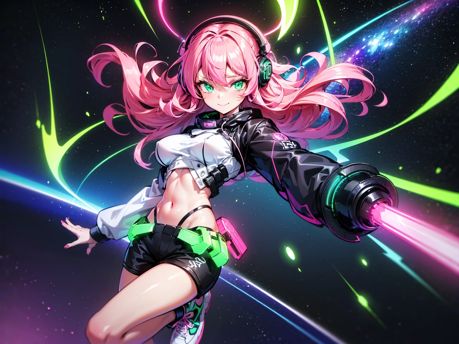 masterpiece:1.4, 1girl ((20year old, dressed in long sleeve shirt, tight black shorts, sneakers, medium breasts, multicolor pink hair, curly long hair, green eyes:1.4, Wearing headphones, happy, smiling, close up, floating in outer space:1.1 galaxy and earth in background:1.1, neon and energetic atmosphere:1.2)) ((nighttime)) ((solo:1.6))