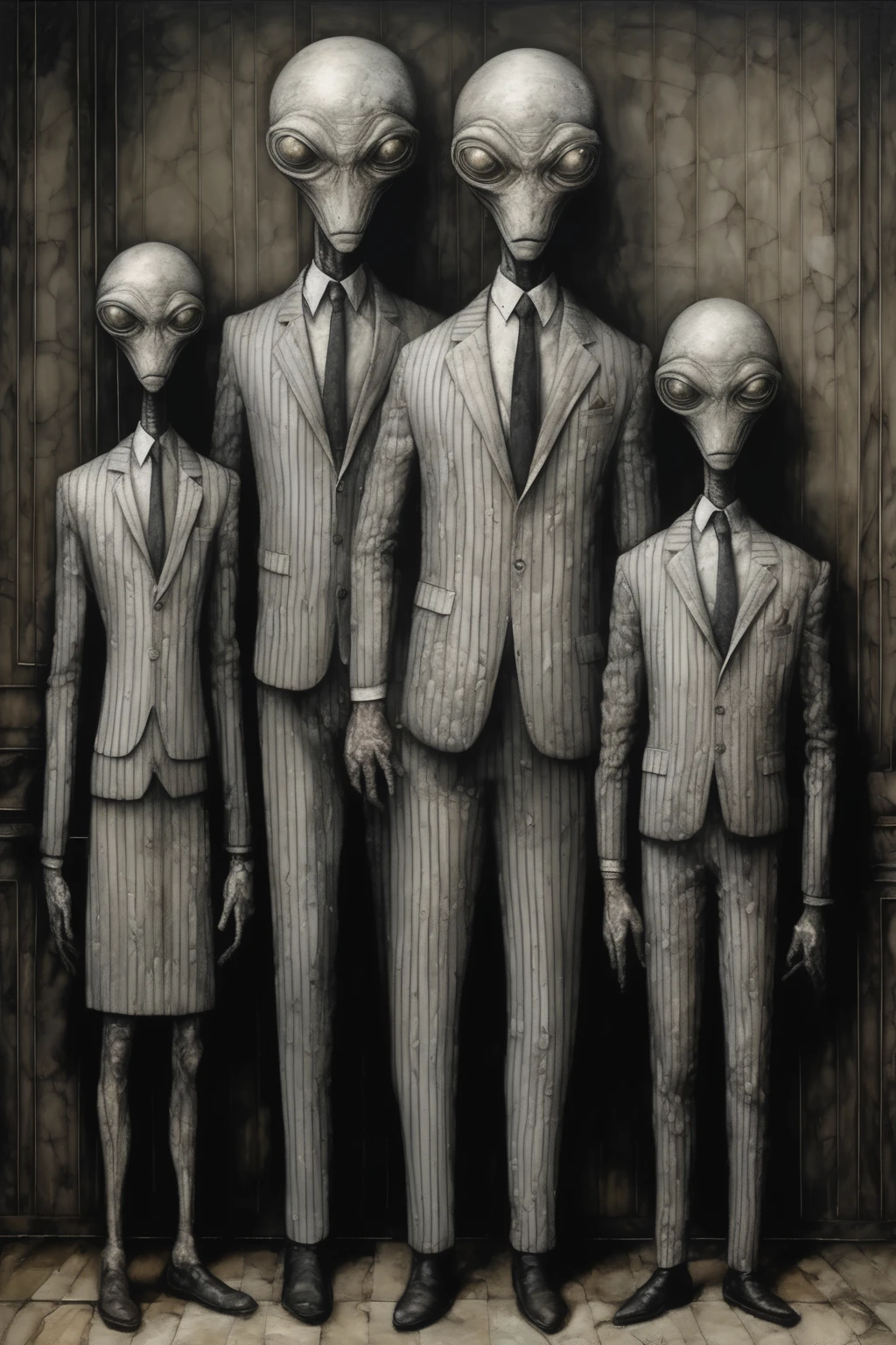 Santiago Caruso style - family with children and babies on their laps menacing alien standing imposingly in a slim-cut light gray striped 3-piece suit, urban interior impasto painting