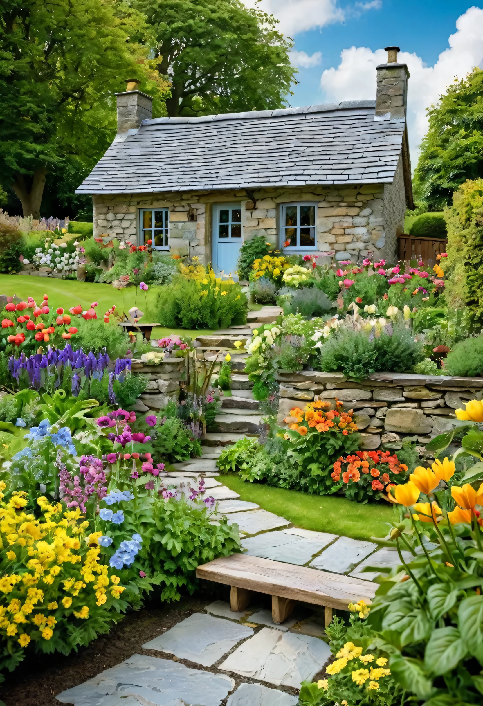 A small cottage in the middle of a garden. The cottage is made of stone and wood with a grey slate roof. It has a small porch with a bench and a flower garden in front of it. The garden is full of colorful flowers and there are trees in the background. The sky is blue with white clouds. The image has a warm and inviting atmosphere. cottage, garden, flowers, stone, wood, colorful, warm, inviting
