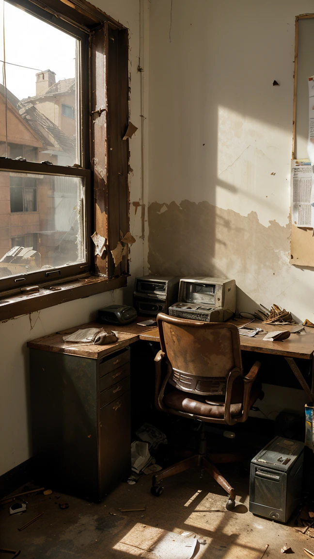 Abandoned office, wooden desk covered in dust and scattered papers, torn leather chair, open and rusty metal files, an old and broken computer, walls with faded, framed family photos, a window with broken blinds allowing dim light to enter