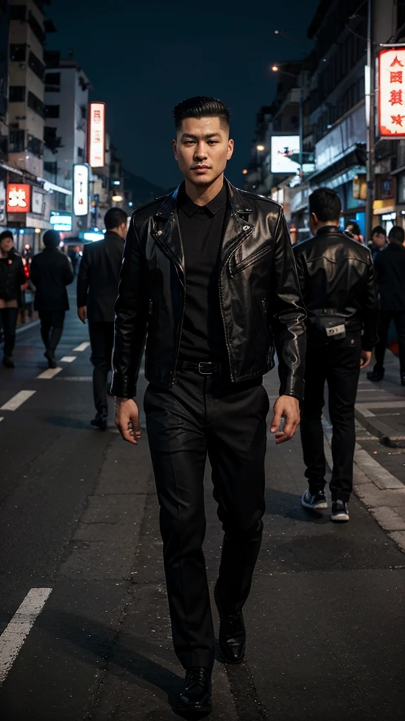 A handsome Hong Kong mafia boss is walking coolly with a gang of mafia, wearing a shiny black leather jacket, Undercut hair is combed neatly, night road background, real photo, professional photo, clear photo, realistic photo, full HD, 4k