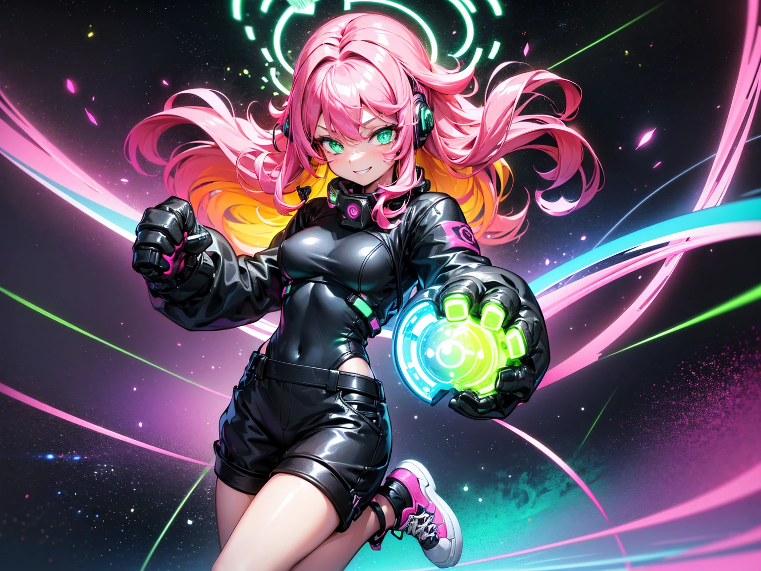 masterpiece:1.4, 1girl ((20year old, dressed in long sleeve shirt, tight black shorts, sneakers, medium breasts, multicolor pink hair, curly long hair, green eyes:1.4, Wearing headphones, happy, smiling, close up, floating in outer space:1.1 galaxy and earth in background:1.1, neon and energetic atmosphere:1.2)) ((nighttime)) ((solo:1.6))