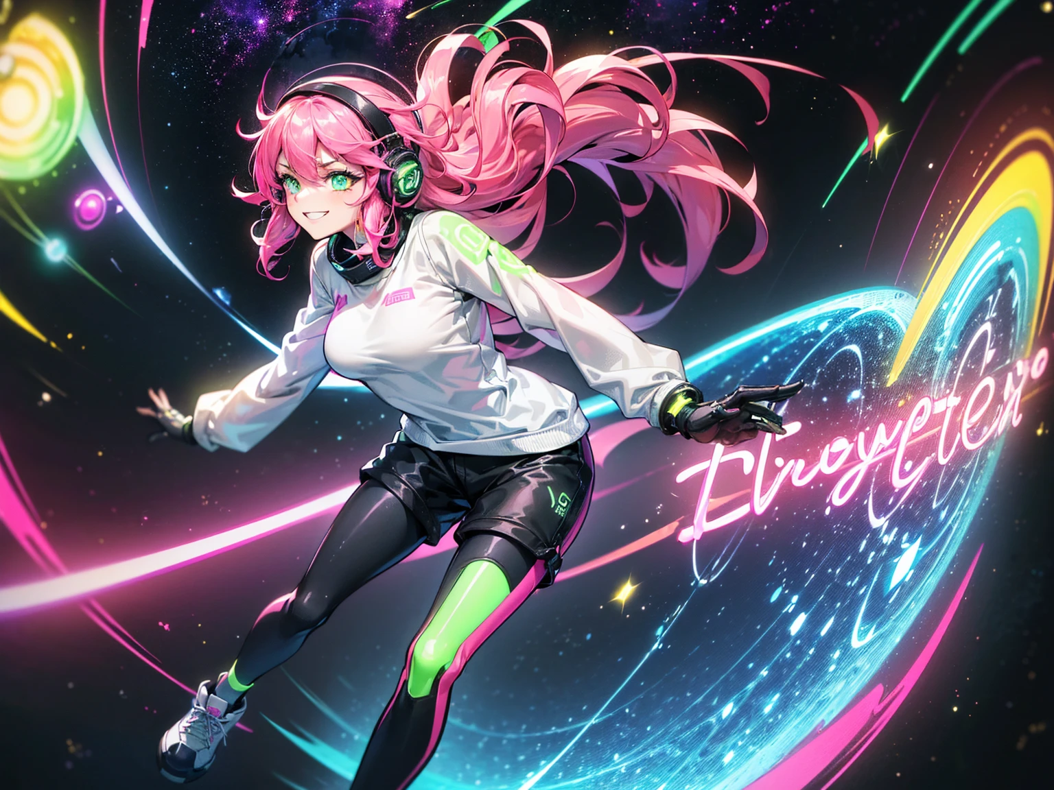 masterpiece:1.4, 1girl ((20year old, dressed in long sleeve shirt, tight black shorts, sneakers, medium breasts, multicolor pink hair, curly long hair, green eyes:1.4, Wearing headphones, happy, smiling, close up, floating in outer space:1.1 galaxy and earth in background:1.1, neon and energetic atmosphere:1.2)) ((nighttime)) ((solo:1.6))