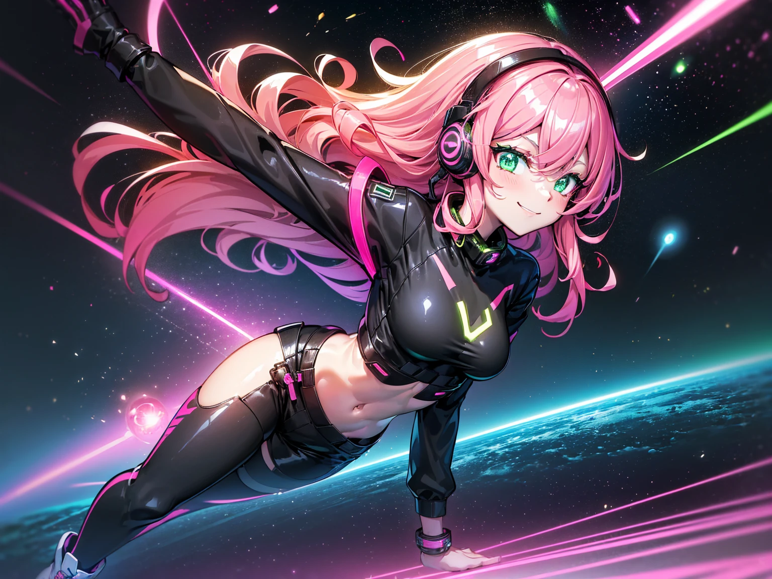 Woman with long pink hair, Night, neonlight, flying saucer, rapto, Galaxy background, Neon lights, Black clothes with LEDs, 4K