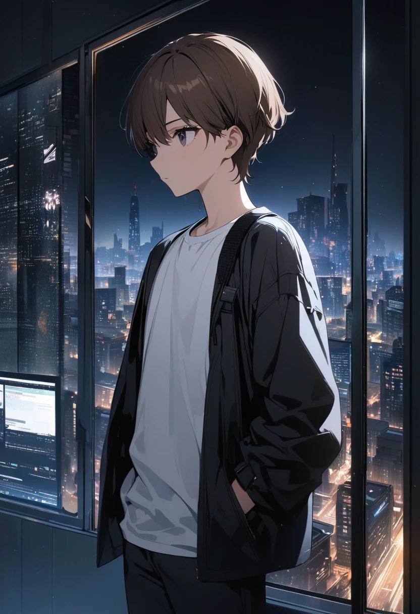 (BEST QUALITY), (MASTERPIECE), illustration, Extremely_detail, 4k wallpaper , midnight, man, black jacket, white T-shirt, black jeans, 18 years old , brown Hair, short hair, black eyes, , System window, smart, Background of the city