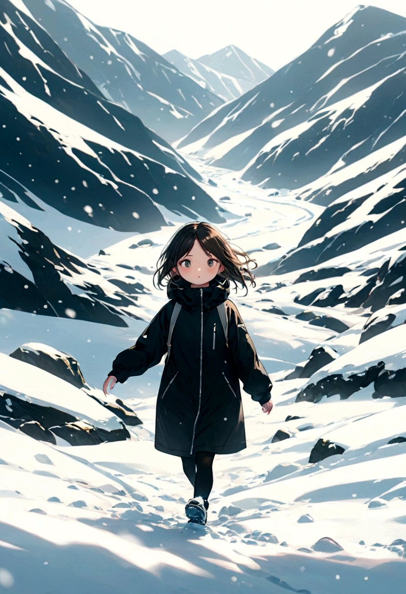 A girl in a black windbreaker is walking slowly in the snowy mountains，snow（（best quality））， （（Intricate details））， （（Surrealism））