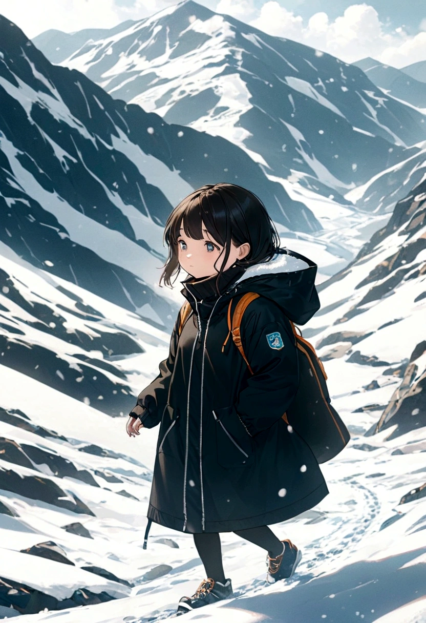 A girl in a black windbreaker is walking slowly in the snowy mountains，snow（（best quality））， （（Intricate details））， （（Surrealism））