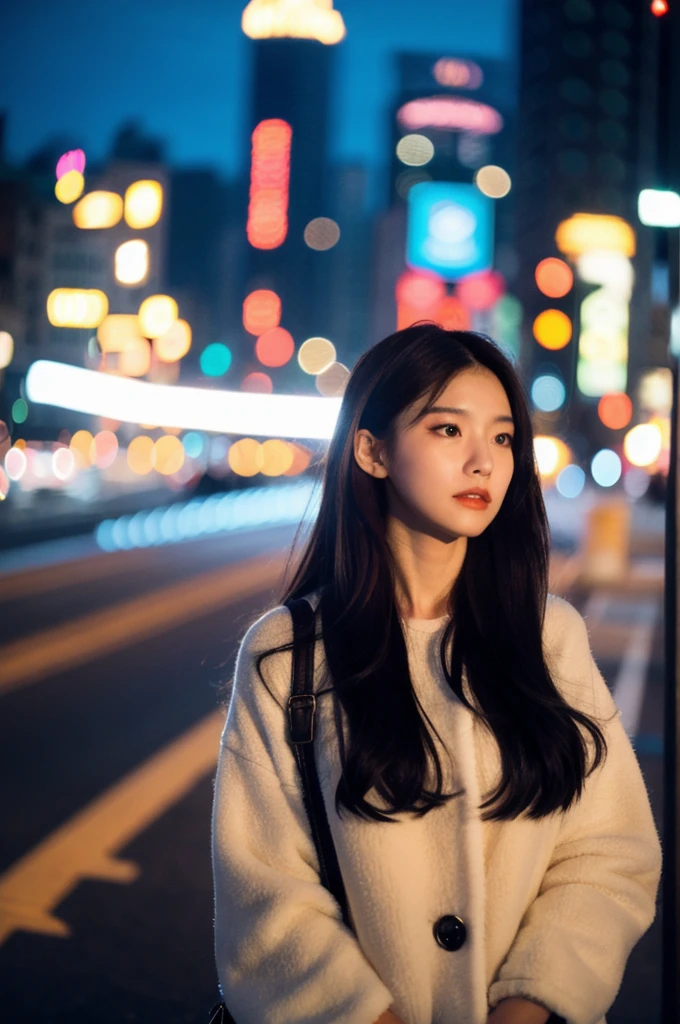 (Cinematic Aesthetic:1.4) Photo of a beautiful korean fashion model bokeh city night