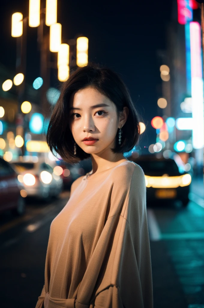 (Cinematic Aesthetic:1.4) Photo of a beautiful korean fashion model bokeh city night
