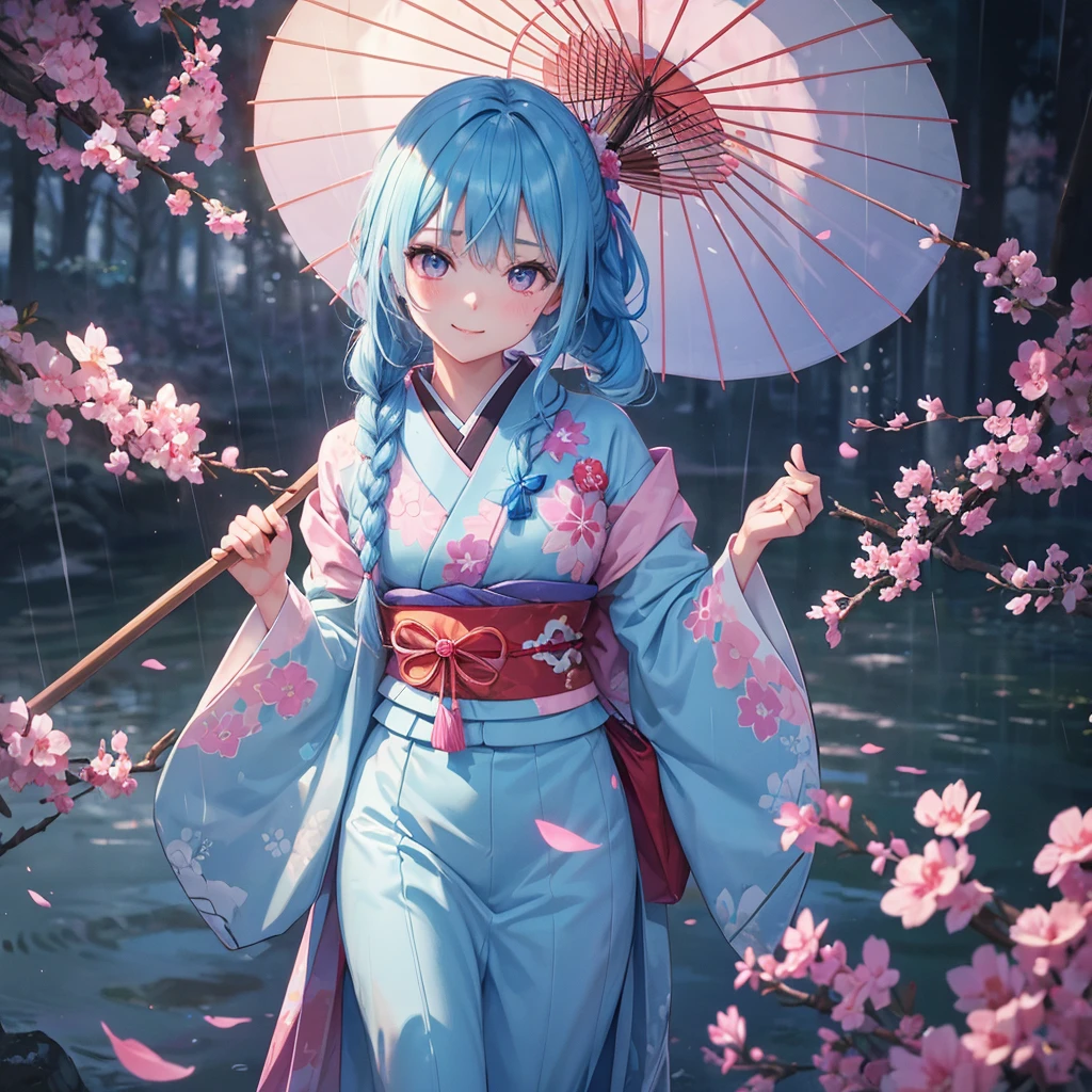 sky Blue hair, (braided ponytail),(pink eyes),fair skin ,(full body),(1 girl),smile,Straight Bangs,(masterpiece, best quality, ultra-detailed, best shadow), (detailed background), (beautiful detailed face), high contrast, (best illumination, an extremely delicate and beautiful), ((cinematic light)), colorful, hyper detail, dramatic light, intricate details,rain shower,kyoto,Japanese Umbrella,kimono,