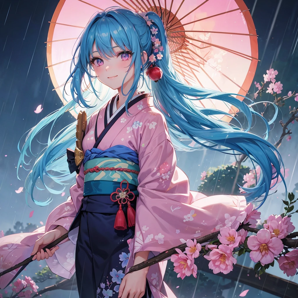 sky Blue hair, (braided ponytail),(pink eyes),fair skin ,(full body),(1 girl),smile,Straight Bangs,(masterpiece, best quality, ultra-detailed, best shadow), (detailed background), (beautiful detailed face), high contrast, (best illumination, an extremely delicate and beautiful), ((cinematic light)), colorful, hyper detail, dramatic light, intricate details,rain shower,kyoto,Japanese Umbrella,kimono,