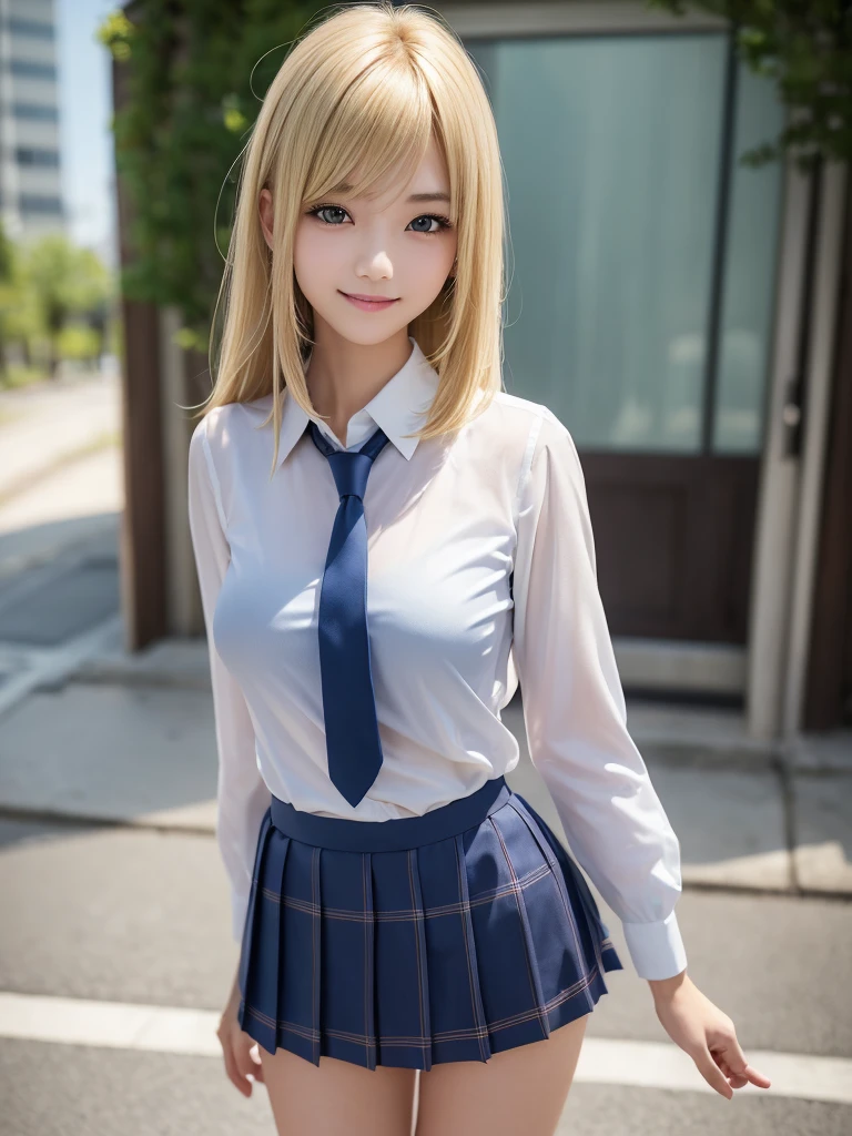 8K, Highest quality, The real picture, Intricate details, Very detailed, Ultra-high resolution, Depth Field,(Realistic,Realistic:1.2),Tabletop , ((Full Body Shot)) , ((Long, slender legs)), 1 girl, eye_Chan, Very beautiful  girl, innocent big eyes,、Beautiful breasts:1.5、非常に詳細なeye:1.2)、(Beautiful breasts:1.1)、((Blonde))、(Long Bob Hair), Asymmetrical bangs, Perfect Skin, Fair skin, Small breasts, Tight waist, alone, Staring at the audience, (smile)、((School_uniform), (White shirt、Wear a tie), (Blue checkered pleated micro mini skirt), ((Fold your arms in front of your chest and act arrogantly)), ((楽しそうなsmile)), ((Perfect hand shape))