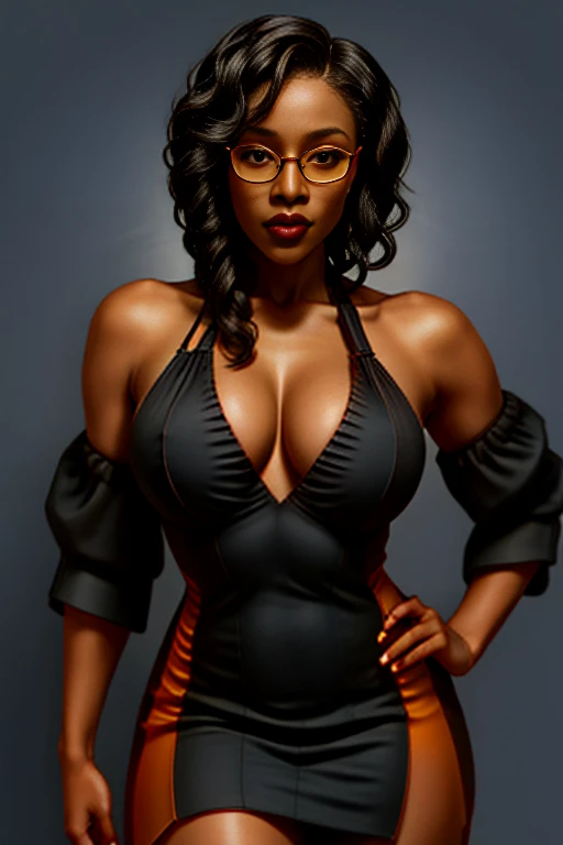 (irreverent, is a black African-American woman, sculptural and sensual, with very dark skin . She has a heart shaped face, a Nubian nose, and black braided urban hair. Its large, hooded, golden-orange heterochromatic eyes display crescent moon pupils and are highlighted by glasses., and she is wearing a black halter slit dress that shows off her voluptuous, perfect oval physique and wide hips. Your toned abs contribute to your perfect body, while her naughty and cool girl charm is showcased in an elegant , drink in hand during a fireworks celebration,)), ((whole body, cel-shaded at a fast pace , pin up digital splash-art no style, guilty equipment, prayer,comoxen, homare_it works, Edayan . incredibly aesthetic, and incredible quality. motion lines, movement details, Impact Framework, incredibly clear nonsense, Incredibly sharp gradients, deep highlights, Cool tones, rich atmospheric shading, sensual shadow, dynamic angle, dynamic pose, third party rule, Dynamic perspective, Dynamic line of action, dynamic scenario, atmospheric lighting, Truly exceptional exciting fun with raw sensuality, and hyper-femininity))