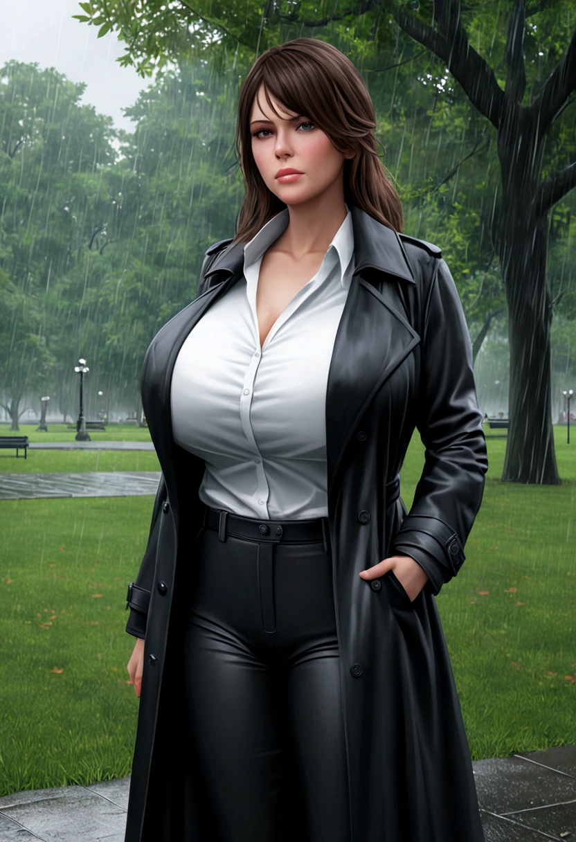 beautiful busty milf in Black Trench Coat, standing in a park, rainy day, photorealistic, masterpiece, cowboy_shot, giga_busty, black pants, white shirts