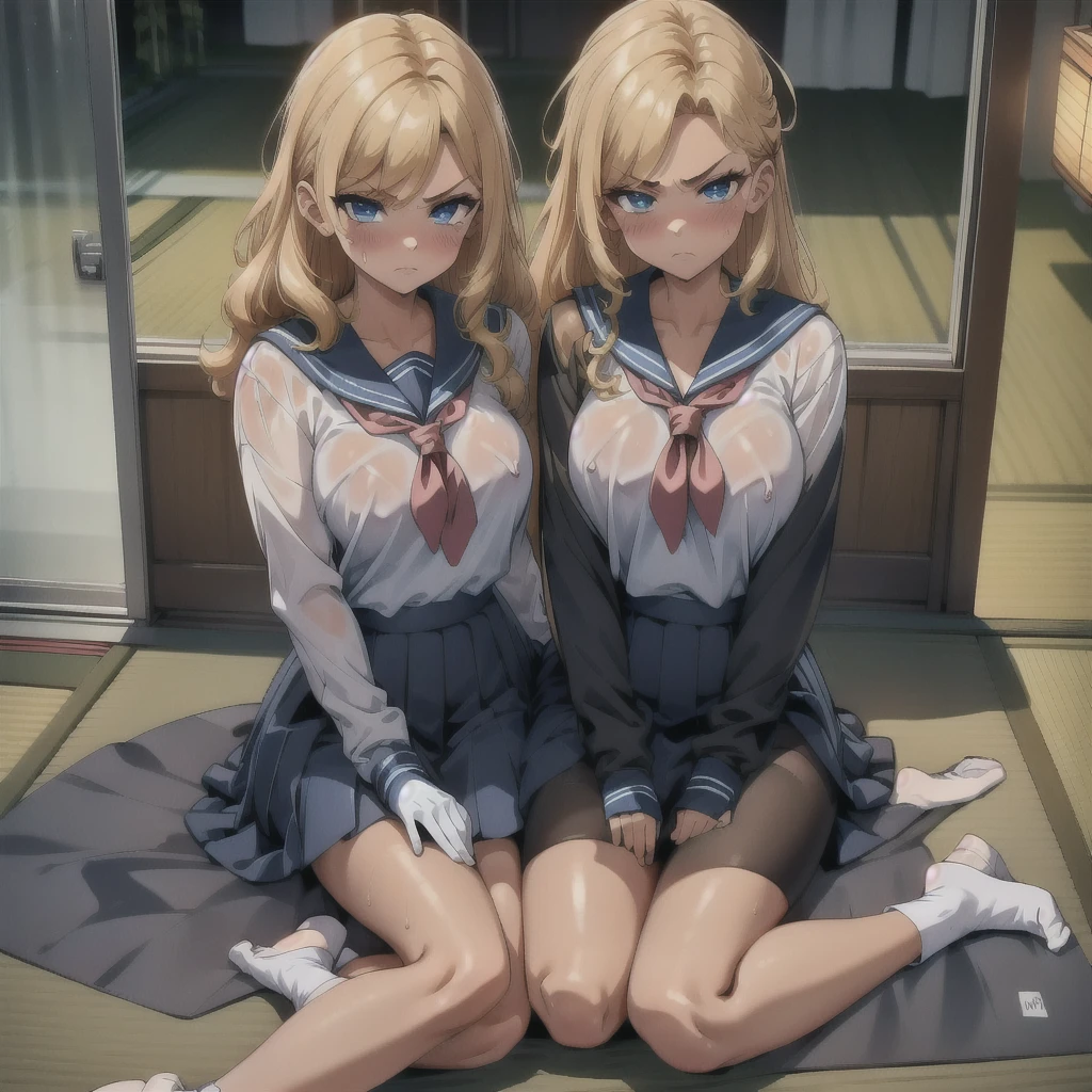 Full body depiction on screen, A lot of tissue paper is scattered on the tatami mat, Big breasts that look like their clothes will rip off very large chest Extremely distended chest huge chest bulge A composition that shows the whole body Dim pink room Japan tatami room Japanese-style room Dirty room There is a lot of garbage scattered around Very dirty blanket Lying on the futon Scattered tissue paper Scattered pink magazines Cute long-sleeved sailor uniform that reaches down to the neck. Lots of frills sewn into the clothes. Fine frill belly long skirt Panier Berry Long Skirt university student Age: 20 Illustrated style anime風 Frown Narrow Mouth Small lips Glaring Angry beautiful girl Very cute clothes cheeks pink Blonde Long Hair Super Curly Hair Super long sideburns 濡れて透けたSee-throughの衣服 Wet and transparent long-sleeved sailor uniform Hair band Wet and transparent very long shocking pink silk skirt Blushed cheeks Clothes that are wet and transparent from the rain Clothes are wet with sweat and transparent Metallic sheen on the skin 衣類がRubber luster Clothes are vinyl glossy Glaring Angry Frowning Embarrassing表情 White blonde super long hair The transparency of vinyl Super Curly Hair Super long sideburns anime Embarrassing shame Mat on tatami 濡れて透けたSee-throughの衣服 Wet and transparent rubber turtleneck shocking pink wedding dress Cute hair band A very long shocking pink skirt made of wet, transparent rubber Wet and transparent pearl white rubber tights Wet and transparent rubber pearl white inner Rubber luster Multiple rubber hot pink ribbons Soaked in the rain Pearl white super long gloves made of wet, transparent rubber Wet and see-through rubber hot pink pantyhose Rubber Garter Belt Pitiful clear Big eyes Sharp Eyes Shocking Pink Rouge White rubber super long boots Wet and see-through white rubber bodysuit See-through Clothes that are see-through from the rain Clothes are wet with sweat and transparent