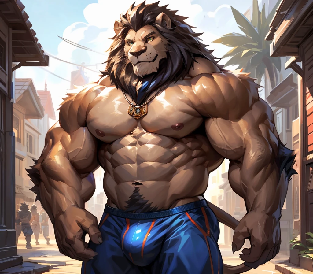 absurdres, ((best quality)), ((masterpiece)), (ultra detailed), perfect face,(sharp eyes),sharp focus, (by null-ghost,by traver009,by lindong,by pino daeni), (male antro lion):2.0, (brown body)), (white belly), (delicated lion fangs, lion ears, lion tail), (sharp eye),ultra-detailed eyes, (Beautiful and delicate eyes), (yellow eyes), ((white sclera)), ((fluffy fur, fluffy, furry body)),(casual clothes), muscular male , (wearing random pattern necklace), smile, (bulge), reflection, sexy body, middle-age, strong, looking at view, (((sfw:1.5))), (( abs, strong muscle, 8 pack)), shirtless, tougue out, claw, pink nipples, handsome,(Great physique),strong arms man, majestic, barbarous, handsome, on the street