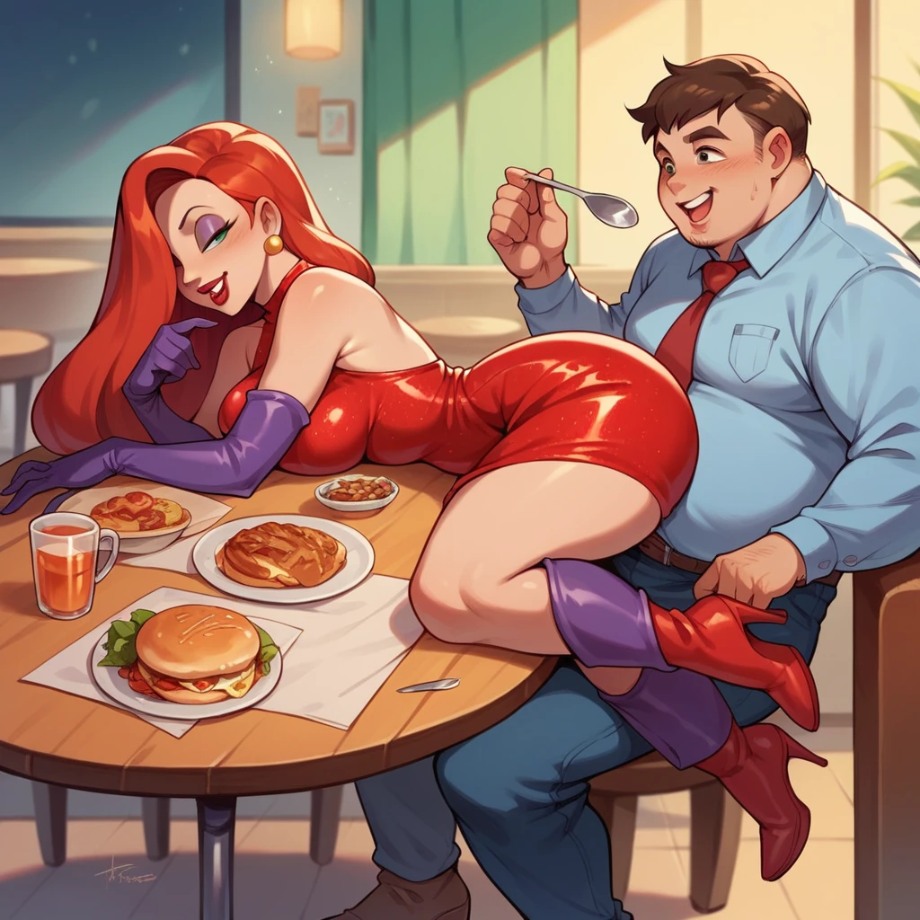 Jessica Rabbit is having breakfast with a fat young man. She wears a red dress and long boots, she has big tits and a big ass, he wears a shirt and tie, there is a delicious breakfast on the table, they are happy, small restaurant, night