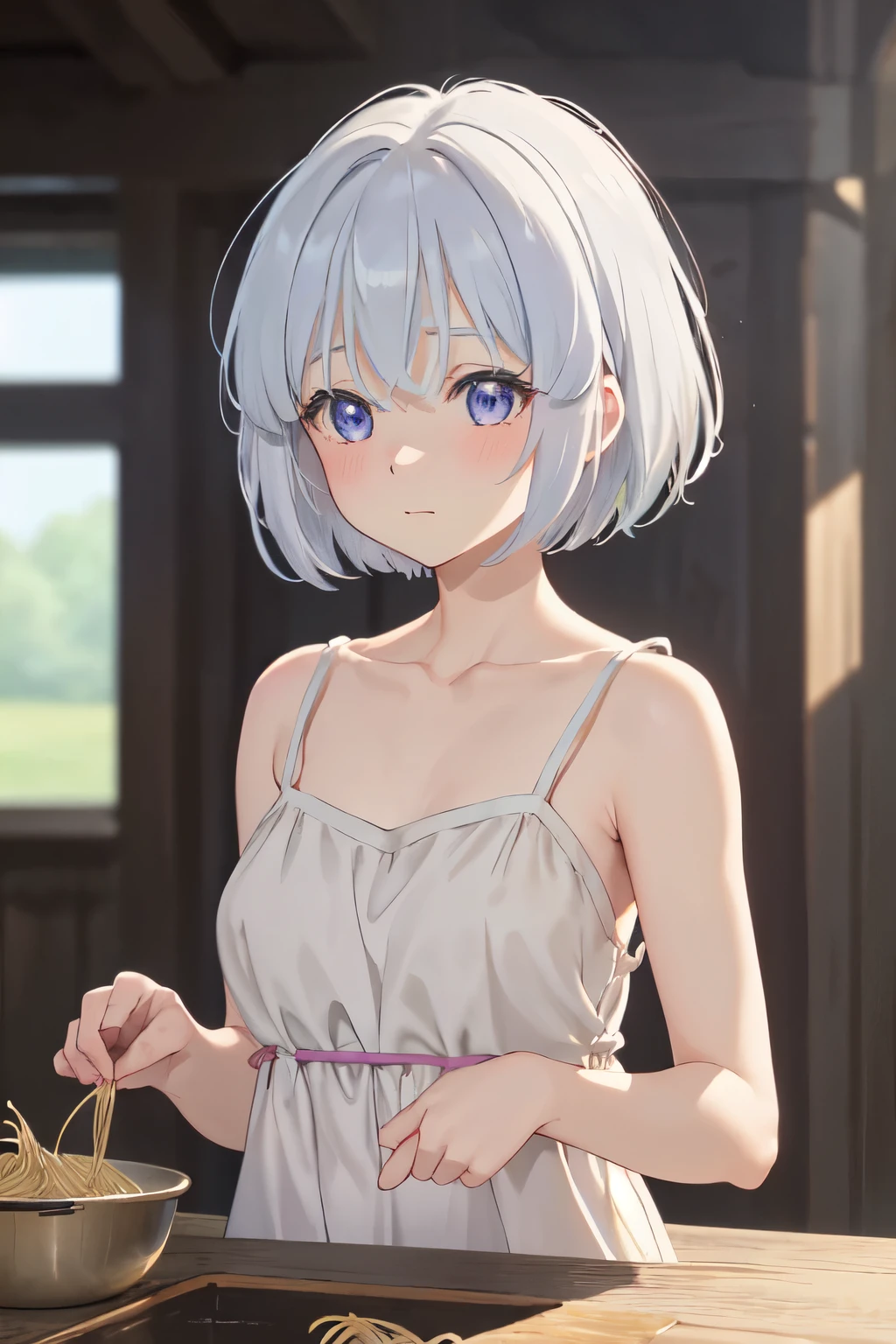 elaina (majo no tabitabi), (masterpiece:1.6, best quality), (finely detailed beautiful eyes: 1.2), ph elaina, 1girl, solo, short hair, white hair, collarbone, blue eyes, alternate hairstyle, blush, bangs, hair between eyes, bare shoulders, sweatdrop, dress, sleeveless dress, off shoulder, purple eyes, alternate hair length, blurry background, blurry, camisole, spaghetti strap
, anime color, grass field