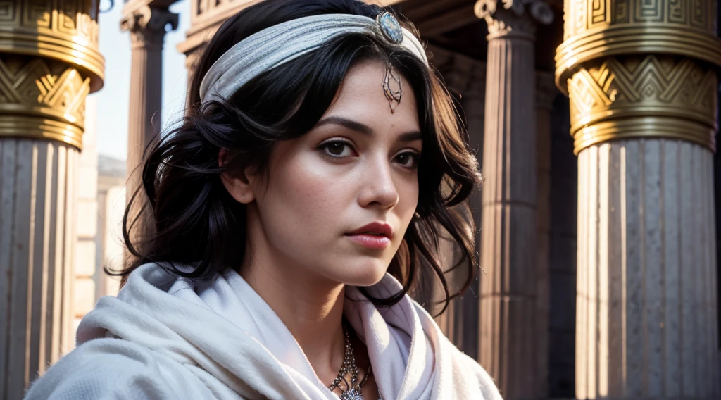 "((high quality image)), perfectly detailed and photorealistic with 8k resolution, fottorealistic, hyperrealistic, intricate details, depicting a beautiful priestess Delphi (Pythian), curly black hair, fleshy lips. She wears a white priestly robe and around her shoulders a purple scarf, and necklaces of protection against evil and a bandana on her forehead. And behind it is a giant statue of Zeus and Greek pillars.