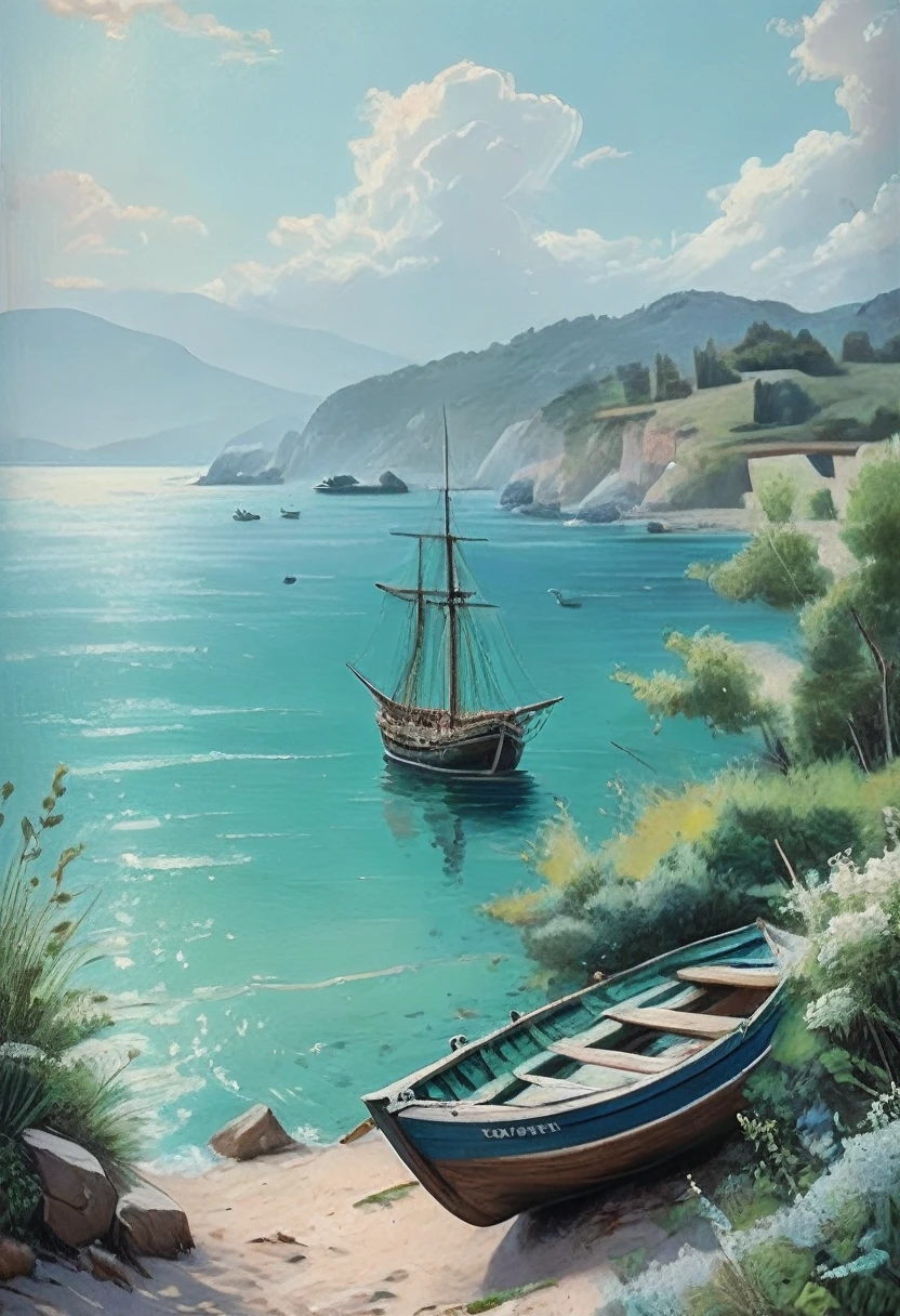 (masterpiece, top quality, Best quality, official art, beautiful and aesthetic: 1.2), Seascapes depict scenes of the sea coast. They often depict boats, ships and other nautical elements. These paintings have a blue and green color palette and are known for their peaceful atmosphere.