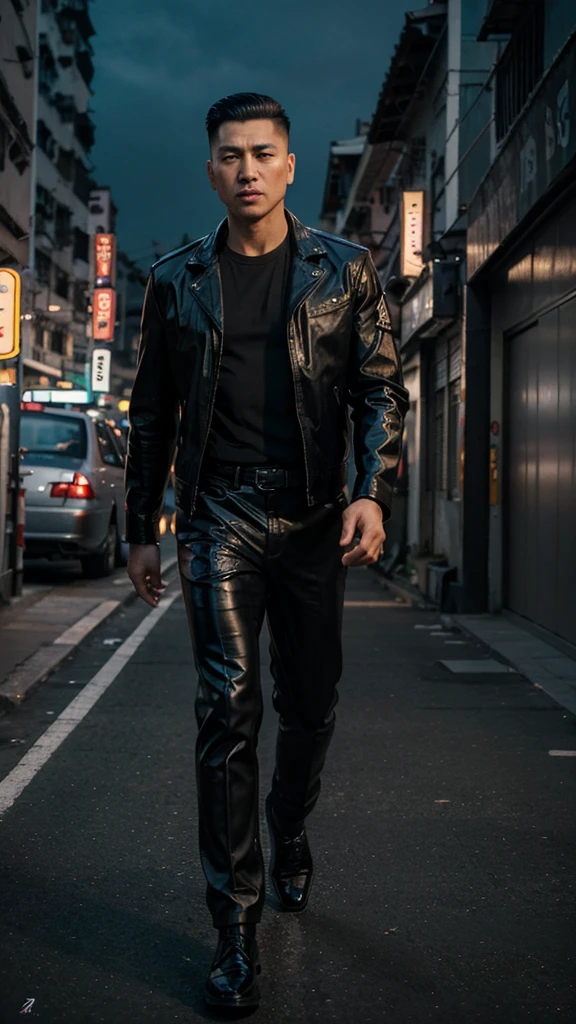 A handsome Hong Kong mafia boss is walking coolly with a gang of mafia, wearing a shiny black leather jacket, Undercut hair is combed neatly, night road background, real photo, professional photo, clear photo, realistic photo, full HD, 4k 