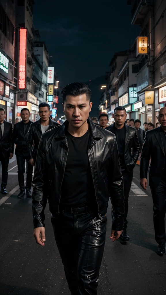 A handsome Hong Kong mafia boss is walking coolly with a gang of mafia, wearing a shiny black leather jacket, Undercut hair is combed neatly, night road background, real photo, professional photo, clear photo, realistic photo, full HD, 4k