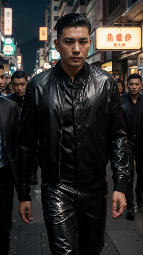 A handsome Hong Kong mafia boss is walking coolly with a gang of mafia, wearing a shiny black leather jacket, Undercut hair is combed neatly, night road background, real photo, professional photo, clear photo, realistic photo, full HD, 4k