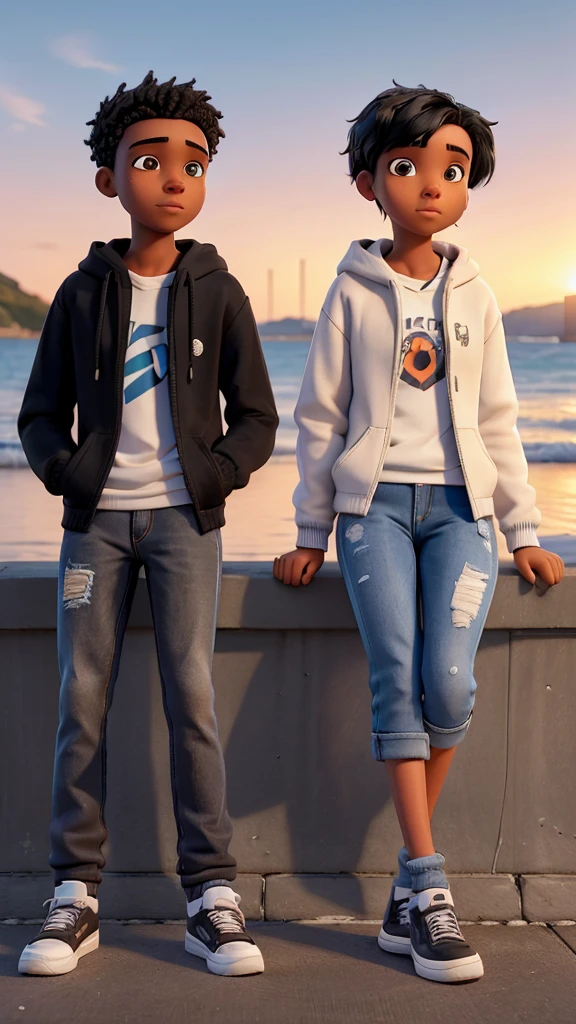 “A 17-year-old boy with black hair and a 17-year-old girl with short black hair, both wearing matching hooded sweatshirts and matching denim jeans, sitting on a harbor breakwater watching the sunset. Both are wearing sneakers. The scene is illuminated like a movie, with the two gazing into each other’s eyes.”