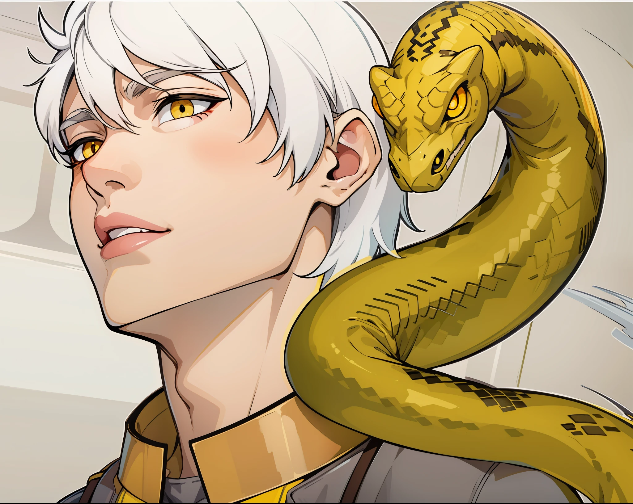 yellow eyes speaks calmly and with a malevolent smile