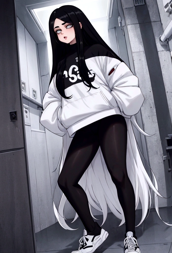Age 22, White skin girl, almost speaks, Bblack hair, extremely long hair, Cramped, black pantyhose, black sneakers, Bblack hair, hair between the eyes, White hair, cloused mouth, range, cabelo bagunçado saia formal Bblack hair grande extremely long hair olhos cinzas