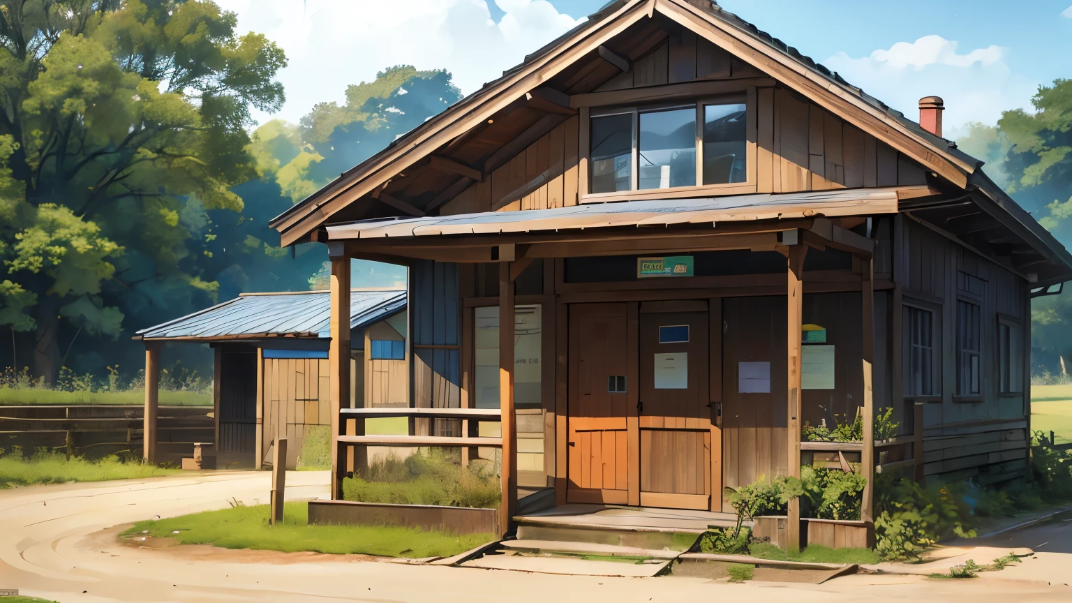 a background scene, a police station located in a field, in front of a dirt road, behind there is a forest, there is a small staircase with a wooden handrail to access the station, this station is humble and not at all modern, do it at brian bolland style