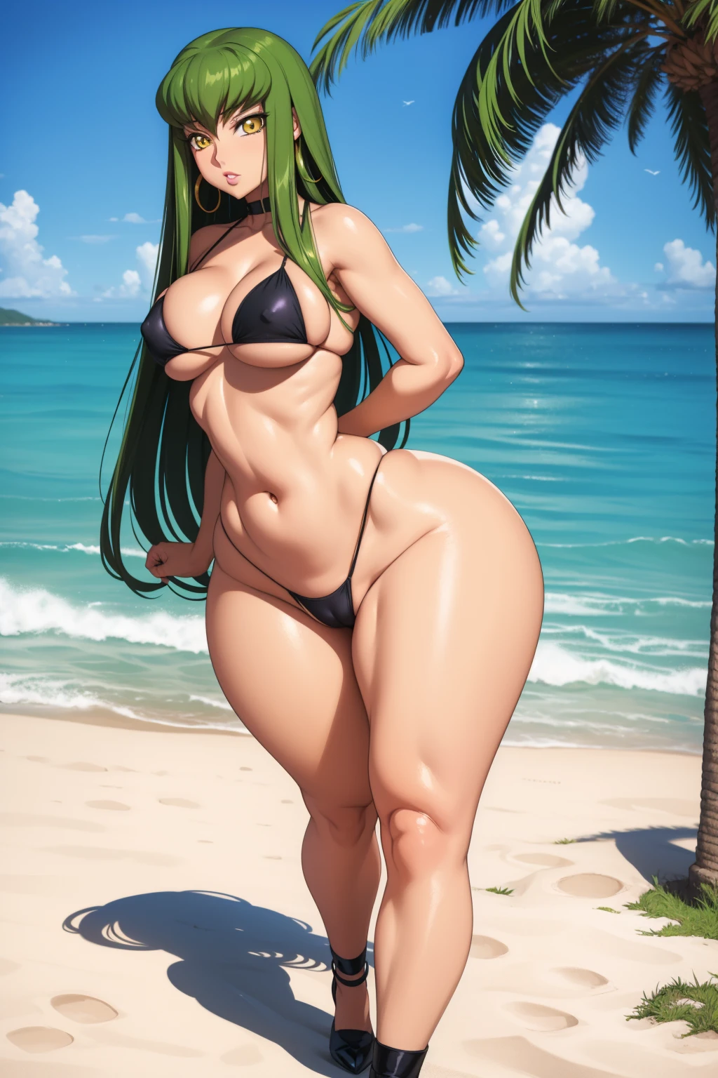 Code Geass, C.C, 1girl, (((bimbo))), long green hair, yellow eyes, ear rings, puffy lips, painted lips, thick lips, wide hips, thick thighs, small breast, huge ass, revealing cleavage, erotic, sexy face, bubble butt, camel toe, black bikini, ass posing, looking back, legs posing, walking, beach, soft ass, full body,