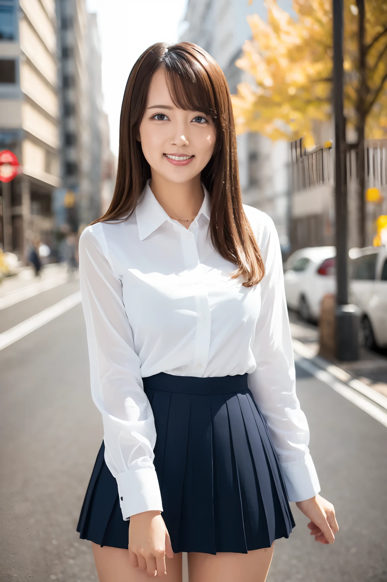 (Highest quality、Tabletop、8K、Best image quality、Award-winning works)、e schhite polyester collared shirt:1.1)、(Navy Pleated Skirt:1.1)、Girl portrait photography、Glowing Skin、Brown Hair、Standing Elegantly、(The simplest blurred city street background:1.1)、(Strongly blurred background:1.1)、(Big Breasts:1.1)、(Accentuate your body lines:1.1)、(Close-up of face:1.2)、Biggest toothy smile