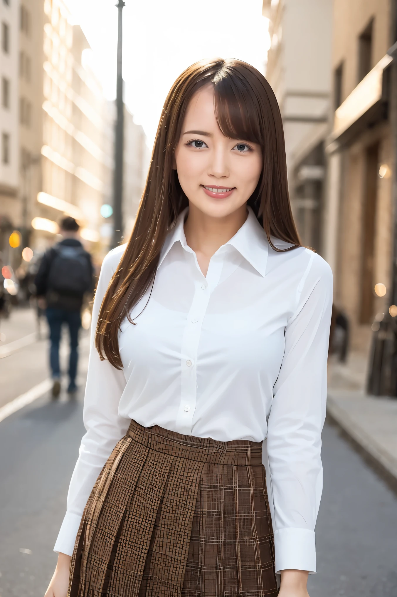 (Highest quality、Tabletop、8K、Best image quality、Award-winning works)、e schhite polyester collared shirt:1.1)、(Navy Pleated Skirt:1.1)、Girl portrait photography、Glowing Skin、Brown Hair、Standing Elegantly、(The simplest blurred city street background:1.1)、(Strongly blurred background:1.1)、(Big Breasts:1.1)、(Accentuate your body lines:1.1)、(Close-up of face:1.2)、Biggest toothy smile