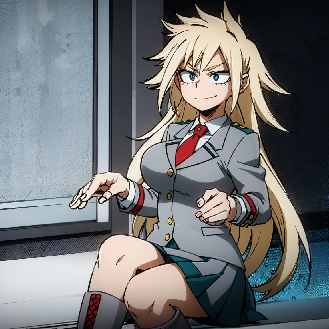 1girl, female focus, solo, big breasts, long hair, spiky hair, blonde hair, blue eyes, smirk, gray jacket, red tie, white shirt, teal skirt, gray tights, boots,  beautiful