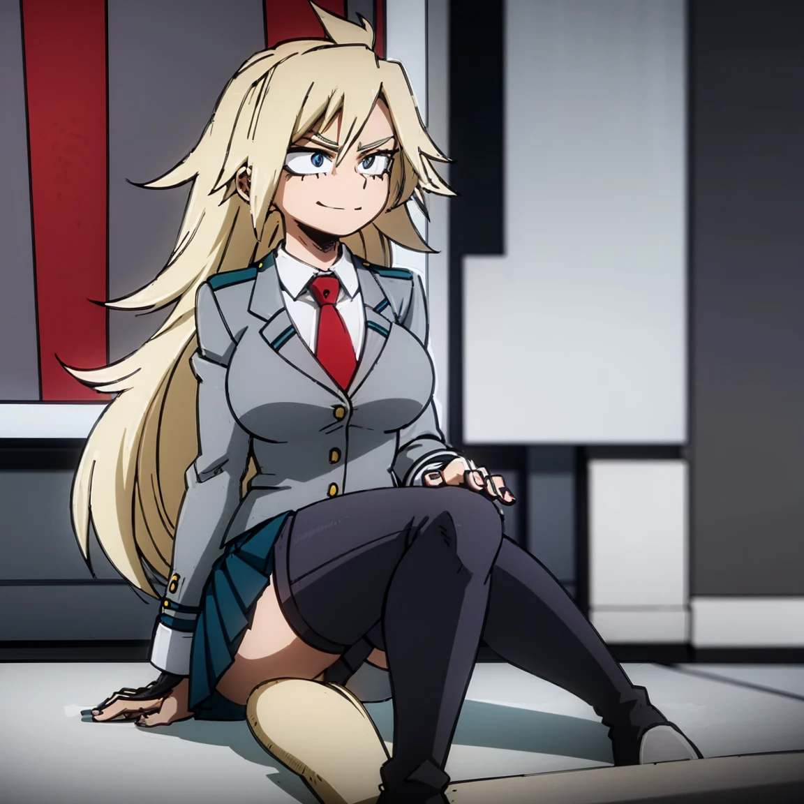 1girl, female focus, solo, big breasts, long hair, spiky hair, blonde hair, blue eyes, smirk, gray jacket, red tie, white shirt, teal skirt, gray tights, boots,  beautiful