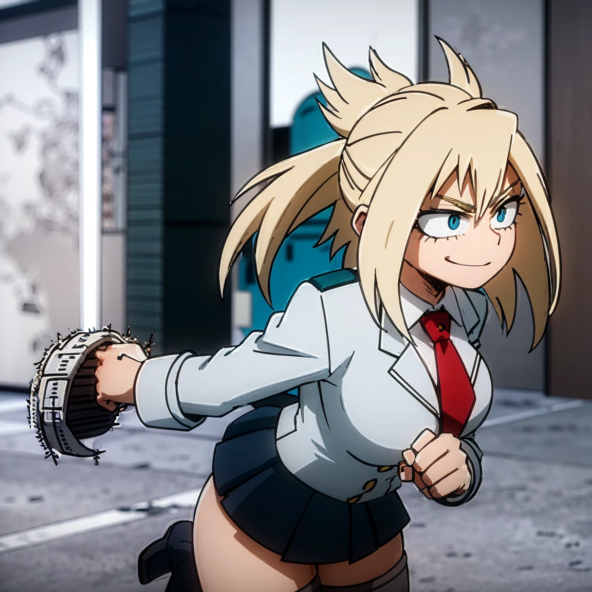 1girl, female focus, solo, big breasts, long hair, spiky hair, blonde hair, blue eyes, smirk, gray jacket, red tie, white shirt, teal skirt, gray tights, boots,  beautiful