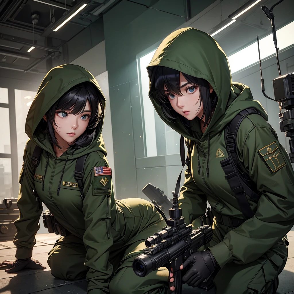 Three female soldiers aiming and shooting、Wearing dark green M-51 hooded military uniform、Hooded on head、Military Pants、Full set of individual equipment、best quality、Highly detailed CG、8K picture quality、Theatre lighting、lens flare