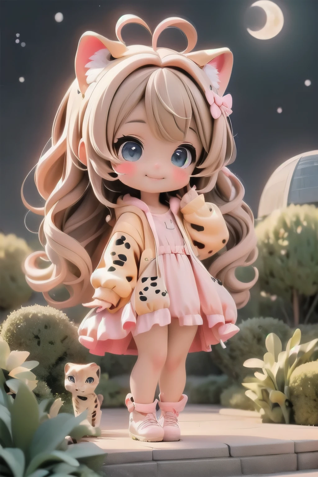 cute chibi girl smiling wearing a (cheetah kigurumi), cheetah girl, pumps, (playful pose), location garden at night, garden outdoors, starry sky, moon, angle from below