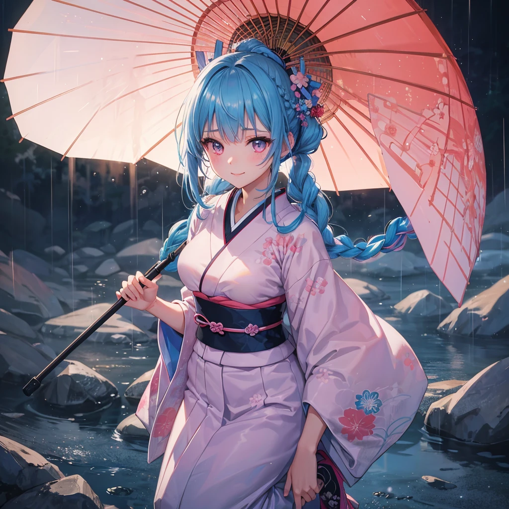 sky Blue hair, (braided ponytail),(pink eyes),fair skin ,(full body),(1 girl),smile,Straight Bangs,(masterpiece, best quality, ultra-detailed, best shadow), (detailed background), (beautiful detailed face), high contrast, (best illumination, an extremely delicate and beautiful), ((cinematic light)), colorful, hyper detail, dramatic light, intricate details,rain shower,kyoto,Japanese Umbrella,kimono,
