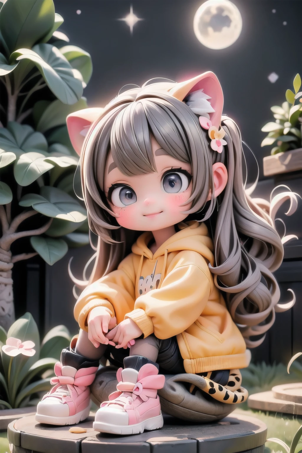 cute chibi girl smiling wearing a (cheetah kigurumi), cheetah girl, pumps, (playful pose), location garden at night, garden outdoors, starry sky, moon, angle from below