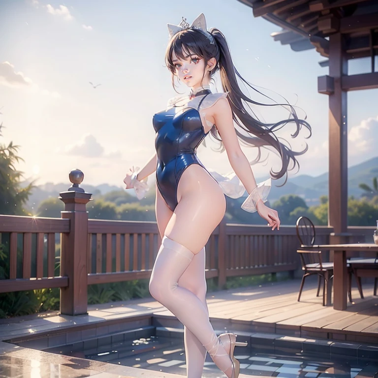 maximum quality、extremely delicate and beautiful、I am、I am、a 、Japanese、Chiquita、a high school stud、Canine ears、far away、((blue leotard costume))、(leg high)、tiara on head、a smirk、standing、facing the front、The background is a resort pool、Represents the entire body、gravure