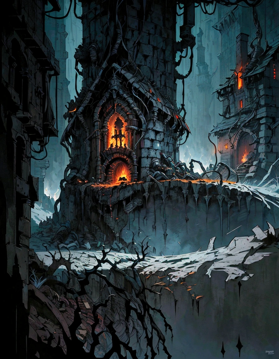 a close up of a building with a fire in the middle of it, dark souls concept art, sewer background, photorealistic dark concept art, ancient dungeon, dungeon background, highly detailed concept art, eerie nostalgic concept art, darksouls concept art, dark concept art, dungeon and dragons art, dark fantasy environment, sewers, dramatic lighting. concept art