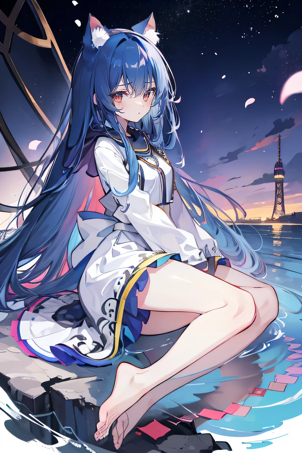 (masterpiece:1.2),Super detailed,lifelike,Expressive eyes,fair skin,perfect face shape,1 girl,
Japanese comics,Gorgeous blue hair,flowing blue hair,flowing clothes,Cat ears,Petals fall,beautiful lola,Baby Angel,
Shaking head with one hand,Cross your legs,Gentle and peaceful background,The pavilion is cool and comfortable,smile, wearing hoodie, background of tokyo,back views,snowing, winter,lie on the water,Lying on the ground。Dark blue gradient hair,asymmetrical hair,((Hair is very thick 1.8,Chiseled hair 1.6)), Hair over the shoulders, Messy hair, Very long hair, shiny hair,(long dark blue hair:1.2),A beautiful girl,( clothes 1.8),Perfect body,Big thin legs,slender,(Looks very sad,Looks haggard ,sadness,shut your mouth:1.2) Against the backdrop of an unusually bright dark starry sky,(Put your hands behind your back),(round,Room, Strong ),barefoot,float,water surface,(long legs,long legs,long legs,Complete)